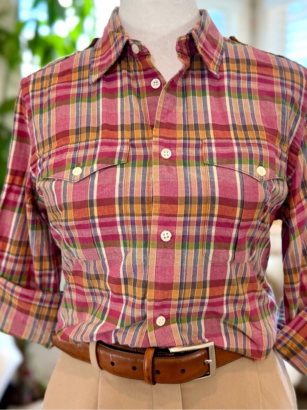 Ralph Lauren Sport Women’s 4 Madras Plaid Button Down Cotton Shirt Preppy - Picture 2 of 10